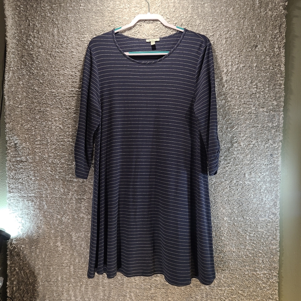 Garnet Hill Dress Tunic Jersey Knit Viscose Stretch‎ Blue Gray Pinstripe Large